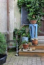 rollator of a senior lady on an old cottage entrance area Royalty Free Stock Photo