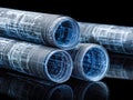 Rolled architectural blueprints with complex technical drawings and reflective surface showcasing detailed engineering plans for Royalty Free Stock Photo