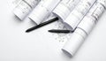 Rolled Architectural Blueprints for a Construction Project Royalty Free Stock Photo