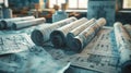 A Table of Architectural Blueprints. AI generated Royalty Free Stock Photo