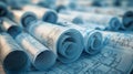 Rolled Architectural Blueprints on Table..AI generated image Royalty Free Stock Photo