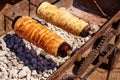 Rolled bakery meat rolls in charcoal