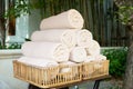 Rolled bath towels at hotel spa