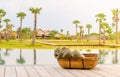 Rolled bathing towels and pool, tropical setting Royalty Free Stock Photo