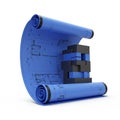 A rolled blue architectural blueprint with technical drawings displayed stands Royalty Free Stock Photo