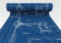 olled blueprints display intricate technical drawings, featuring Royalty Free Stock Photo