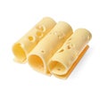 Rolled cheese pieces. White isolated background. Side view from above Royalty Free Stock Photo