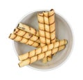Rolled Chocolate Wafers In Bowl Top View Royalty Free Stock Photo