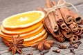 Rolled of cinnamon sticks with sliced of dried orange clove and