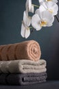 Rolled cotton towels and orchid flowers