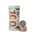 Rolled dollar banknotes and stack of coins on background