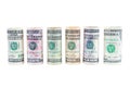 Rolled dollar banknotes on white background