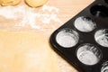 Rolled dough with butter on the table with a rolling pin for rolls and rolls. next to it is a cupcake mold . the view from the top Royalty Free Stock Photo