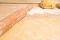 Rolled dough with butter on the table with a rolling pin for rolls and rolls. next to it is a cupcake mold . the view from the top Royalty Free Stock Photo