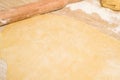 Rolled dough with butter on the table with a rolling pin for rolls and rolls. next to it is a cupcake mold . the view from the top Royalty Free Stock Photo