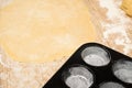 Rolled dough with butter on the table with a rolling pin for rolls and rolls. next to it is a cupcake mold . the view from the top Royalty Free Stock Photo