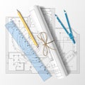 Rolled drafts with a pencil, a ruler and compasses. Vector illus