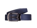 Rolled fashionable men`s blue leather belt with dark matted metal buckle isolated on white Royalty Free Stock Photo