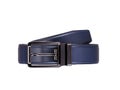 Rolled fashionable men`s blue leather belt with dark matted metal Royalty Free Stock Photo