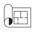 Rolled floor plan. Black outline drawing. Architectural Vector symbol. Building layout icon. Royalty Free Stock Photo