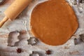 Rolled gingerbread dough up on wooden table