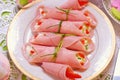 rolled ham stuffed with cheese and vegetables for easter breakfast Royalty Free Stock Photo