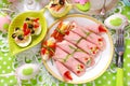 rolled ham stuffed with cheese and vegetables for easter breakfast Royalty Free Stock Photo