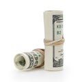 Rolled hundred dollar banknotes tied with