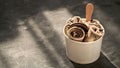 Rolled ice cream in cone cup on dark,copy space Royalty Free Stock Photo