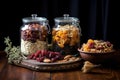 rolled oats and dried fruits in glass containers