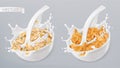 Rolled oats and milk splashes. Corn flakes. 3d realistic vector icon set Royalty Free Stock Photo