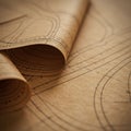 Rolled parchment paper featuring architectural or engineering drawings with curved an Royalty Free Stock Photo