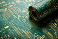 Rolled PCB Circuit Board Design Close-up of Teal and Gold Electronics Manufacturing