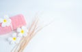 Rolled pink spa towel and .Frangipani flowers with branch on white background. Spa and wellness center of the hotel or resort.