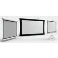 Rolled professional screen, Framed blank display, Tripod portable projector Royalty Free Stock Photo