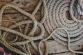 Rolled sailing rope on deck detail
