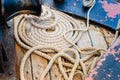 Roll of sailing rope on deck detail