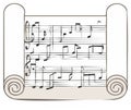 Rolled sheet music with musical notation symbols and clefs Royalty Free Stock Photo