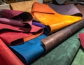 Pieces of the colored leathers. raw materials for manufacture Royalty Free Stock Photo