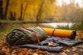 Rolled sleeping bag camping gear. Generate Ai