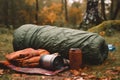 Rolled sleeping bag camping gear outdoor. Generate Ai