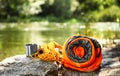 Rolled sleeping bag and other camping gear