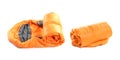 Rolled sleeping bags on background. Banner design