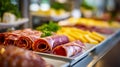 Rolled slices of cured deli meats arranged on a white rectangular plate with fresh parsley garnish for a vibrant and appetizing Royalty Free Stock Photo