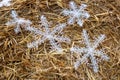 Rolled straw decorated with white snow crystals at rural animal farm as a christmas background Royalty Free Stock Photo