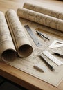Rolled and unrolled architectural blueprints on a wooden table, accompanied by Royalty Free Stock Photo