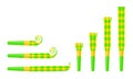 Rolled and unrolled party blowers, horns, noise makers. Green and yellow sound whistles with rhombus pattern isolated on Royalty Free Stock Photo