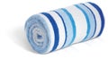 Rolled up blue and white beach towel on a white ba Royalty Free Stock Photo