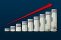 Rolled up dollar bills in an ascending chart with a red up arrow. Business success concept Royalty Free Stock Photo