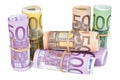 Rolled up Euro banknotes on white background Royalty Free Stock Photo